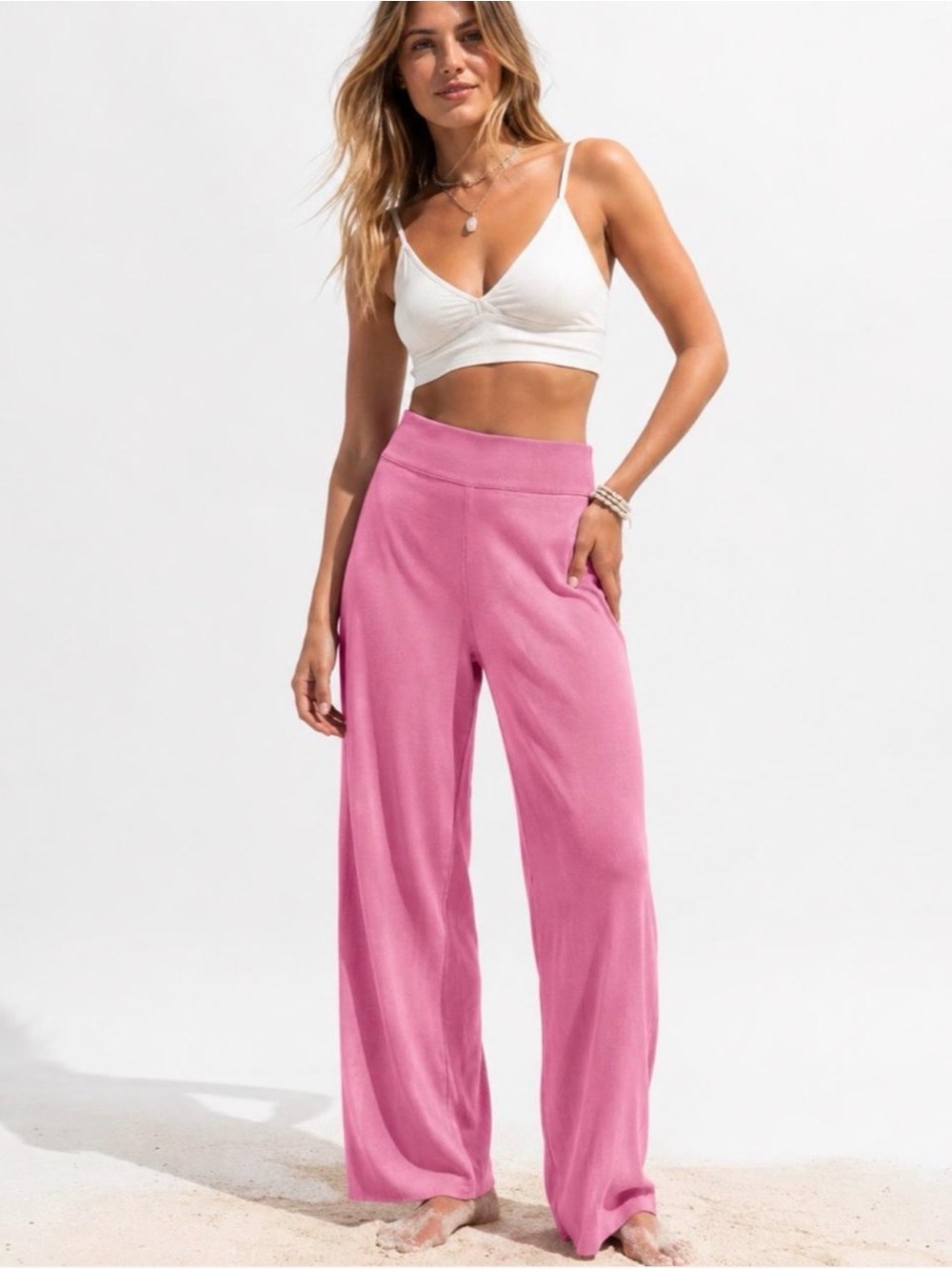 $45 💖 Trendy Threads Pink Wide Leg Knit Lounge Pants – Size Large